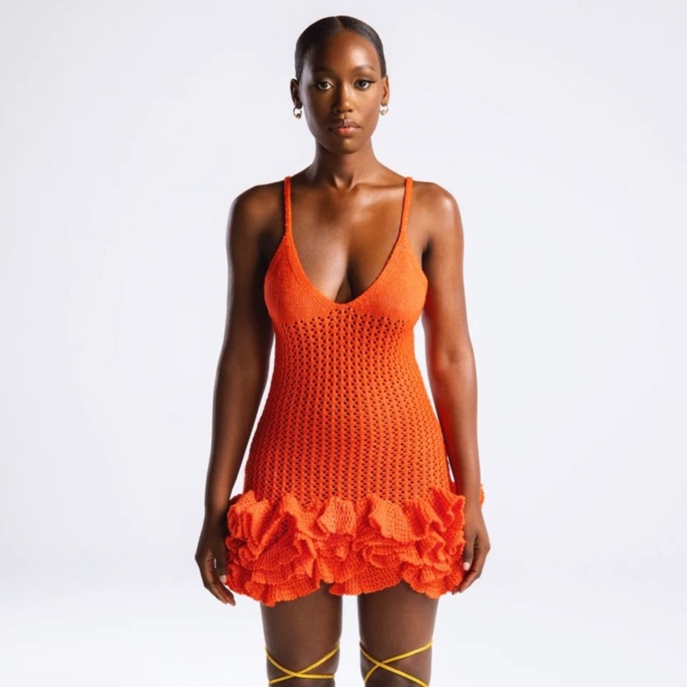 Hanifa Iggy Mini Orange Ruffle Resort Knit Dress Large